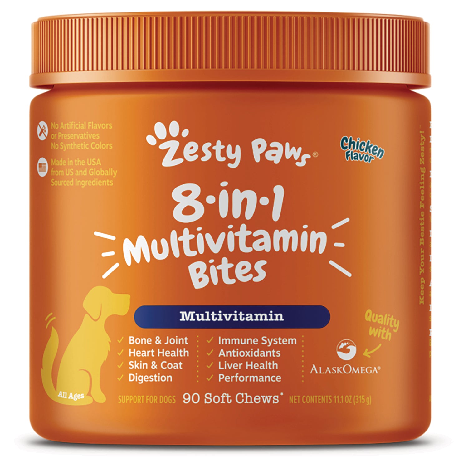 ZPW009 | Zesty Paws 8-in-1 Multivitamin Bites for dogs, Chicken Flavor, 90 soft chews container front