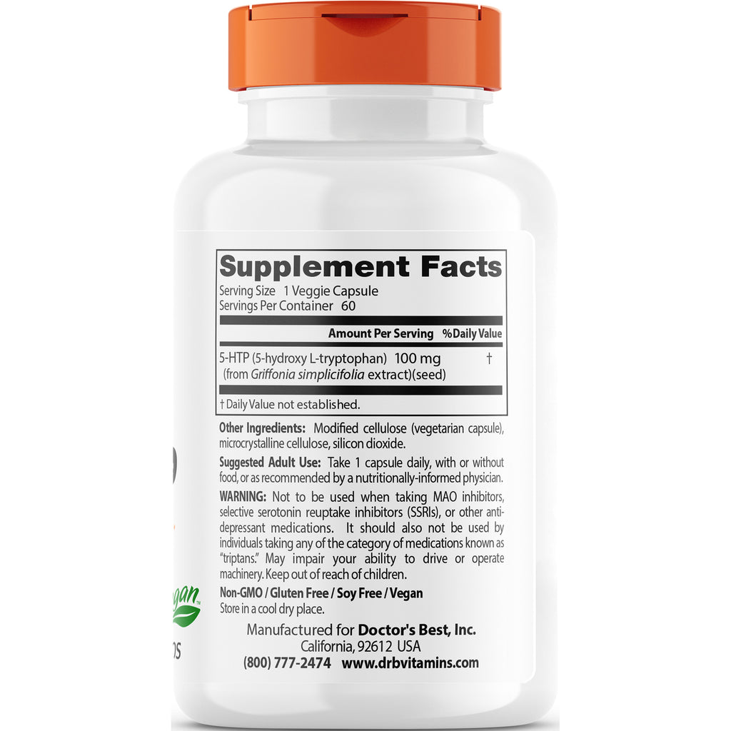 DB073 | Supplement facts label on bottle back showing 5-HTP 100 mg, serving size 1 veggie capsule, warnings and manufacturer info - Thumbnail