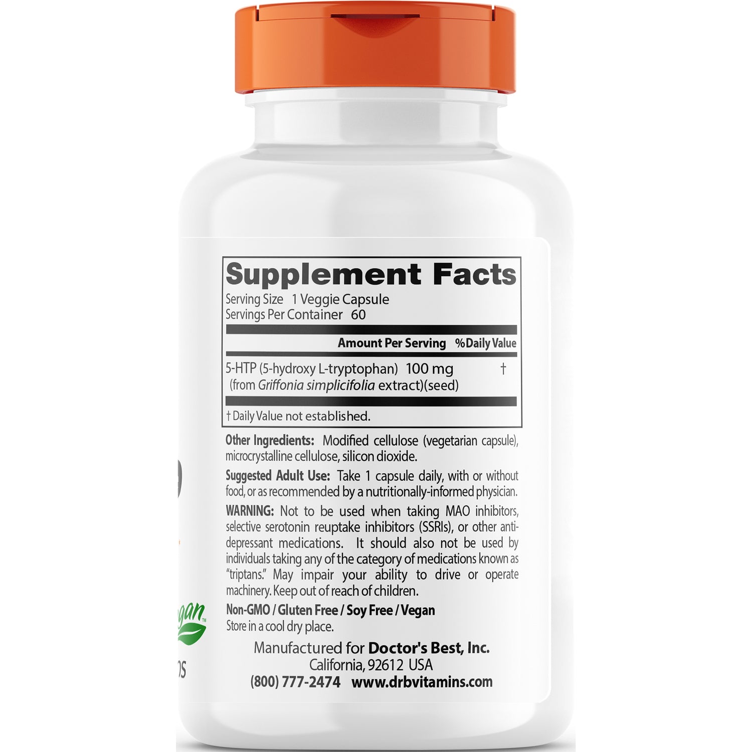 DB073 | Supplement facts label on bottle back showing 5-HTP 100 mg, serving size 1 veggie capsule, warnings and manufacturer info
