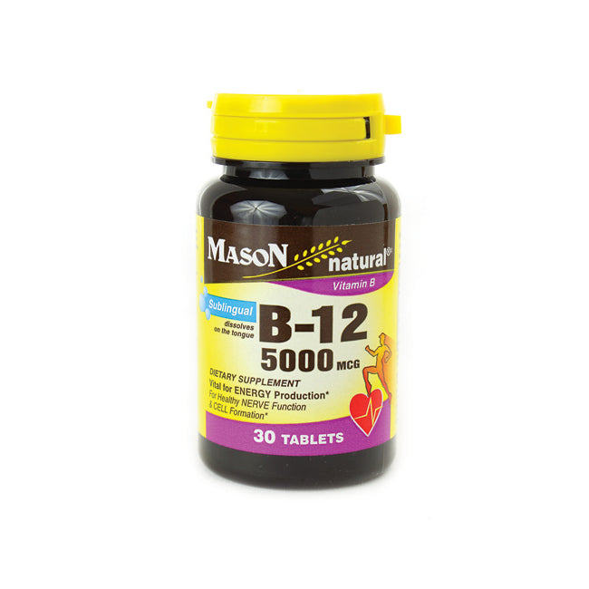 Mason Natural B-12 5000 mcg sublingual 30 tablets brown bottle with yellow cap