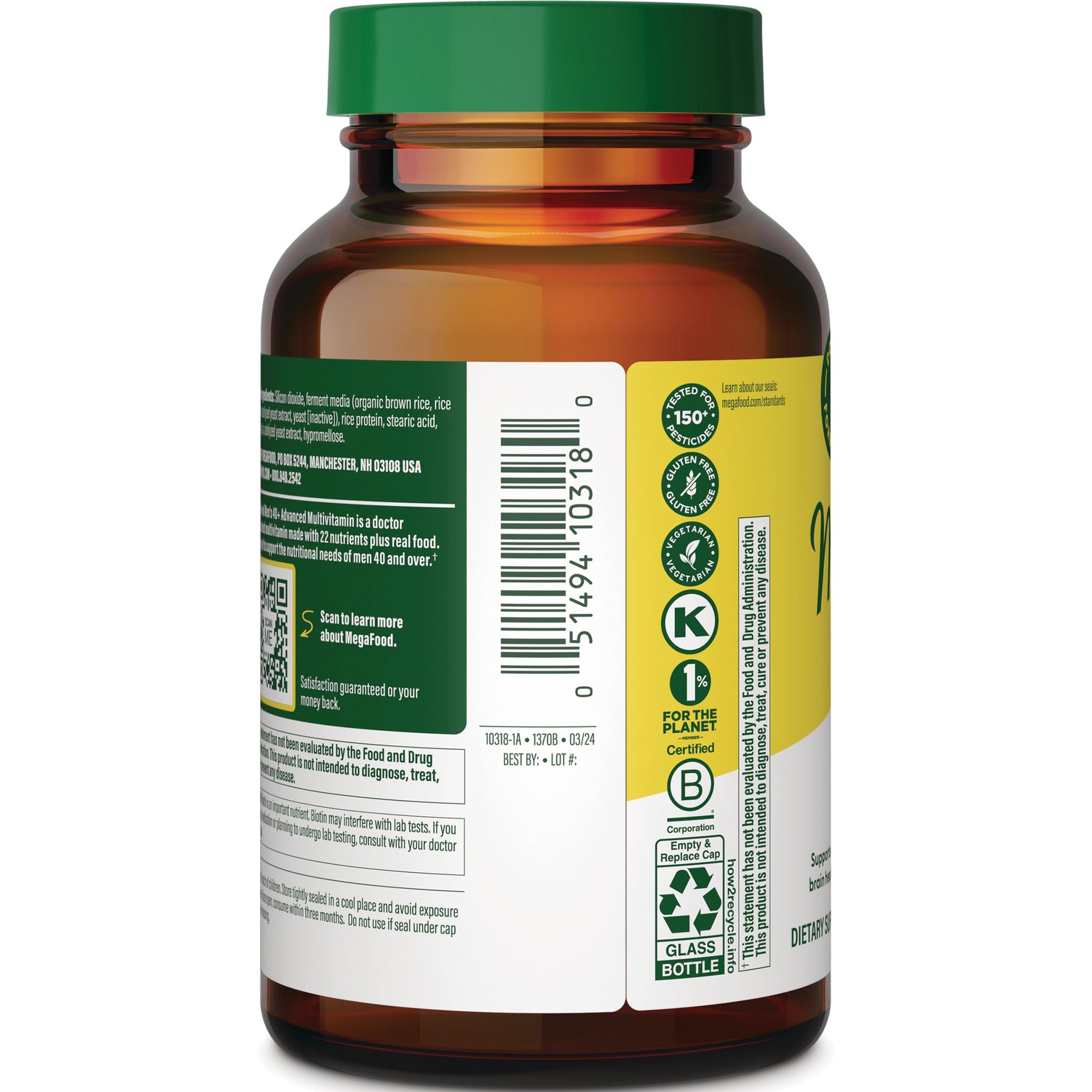 MGF072 | Back of amber supplement bottle showing barcode, ingredient panel, certifications and recycling symbols