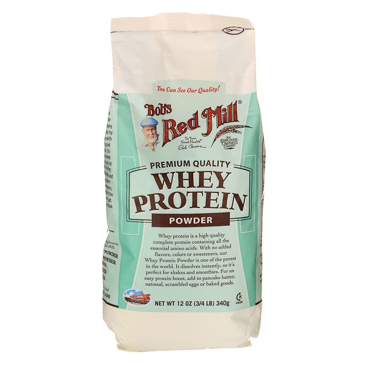 BOB134 | Bob's Red Mill Whey Protein Powder bag front labeled Premium Quality Whey Protein