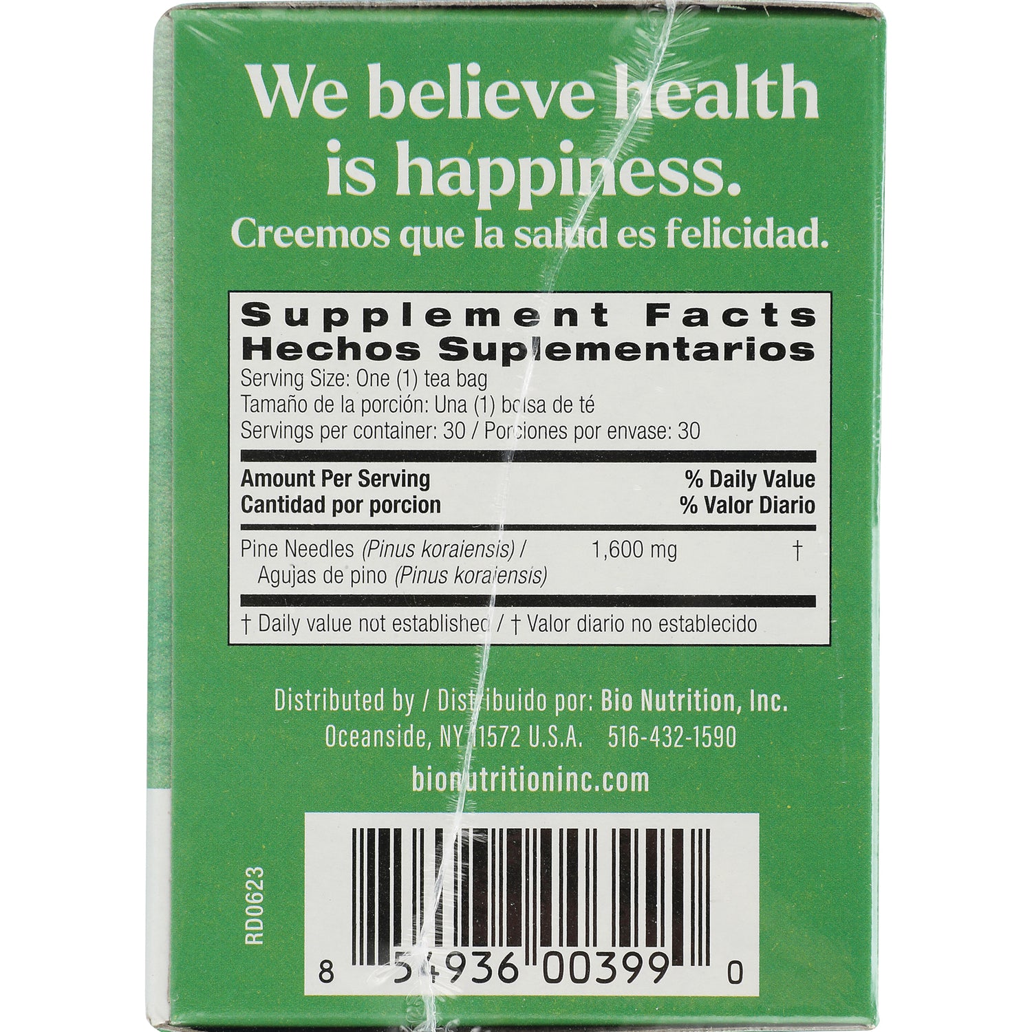 BNN071 | Back of green supplement box showing We believe health is happiness, Supplement Facts panel and barcode