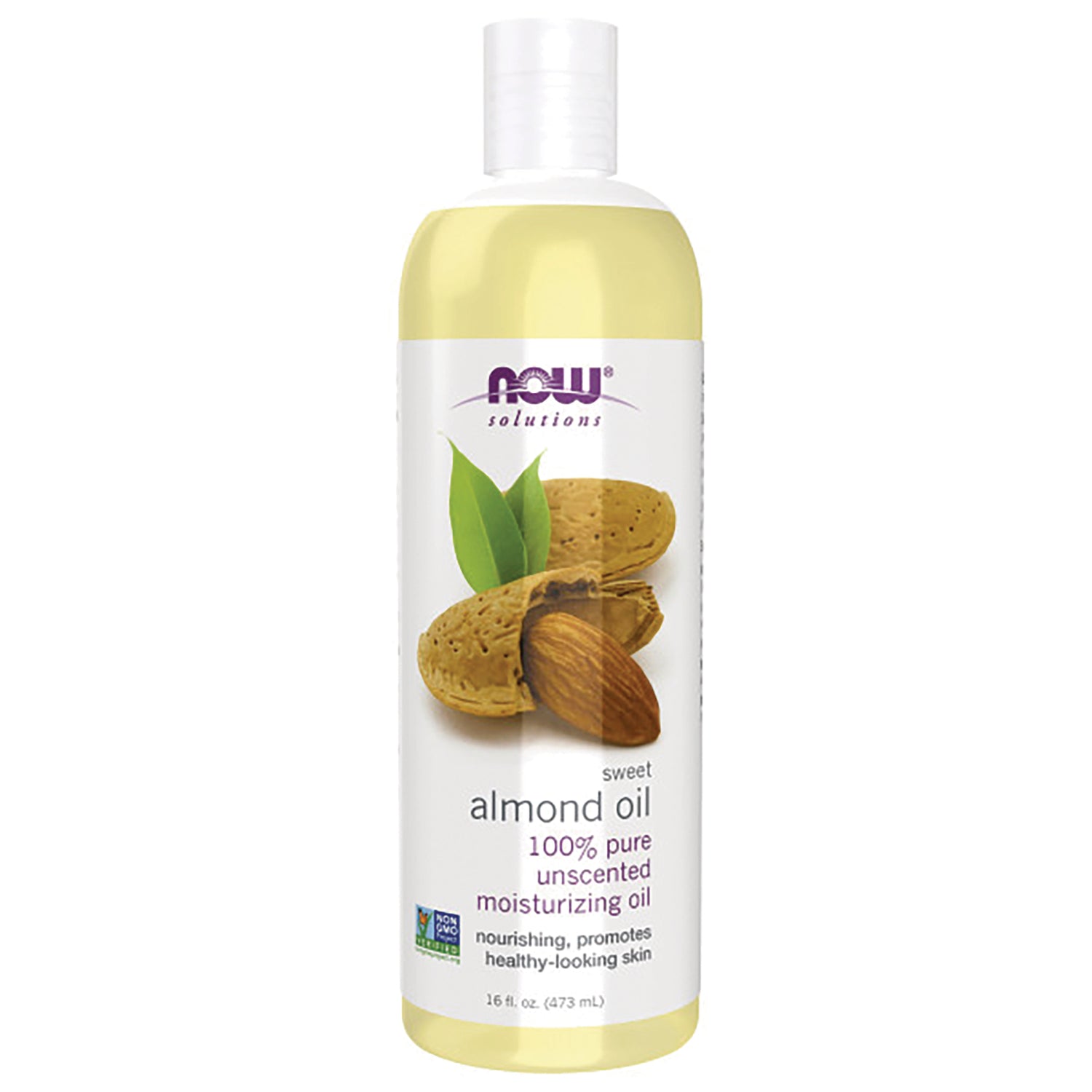 NWF017 | NOW Solutions sweet almond oil 16 fl oz bottle labeled 100% pure unscented moisturizing oil