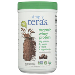 TER009 | Simply Tera's organic whey protein, dark chocolate, 12 oz tub; 19g protein, 1g sugar, grass fed