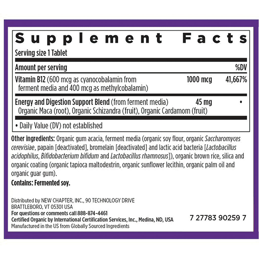 NWC346 | back label showing Supplement Facts panel with Vitamin B12 1000 mcg, energy and digestion blend, and ingredient list - Thumbnail