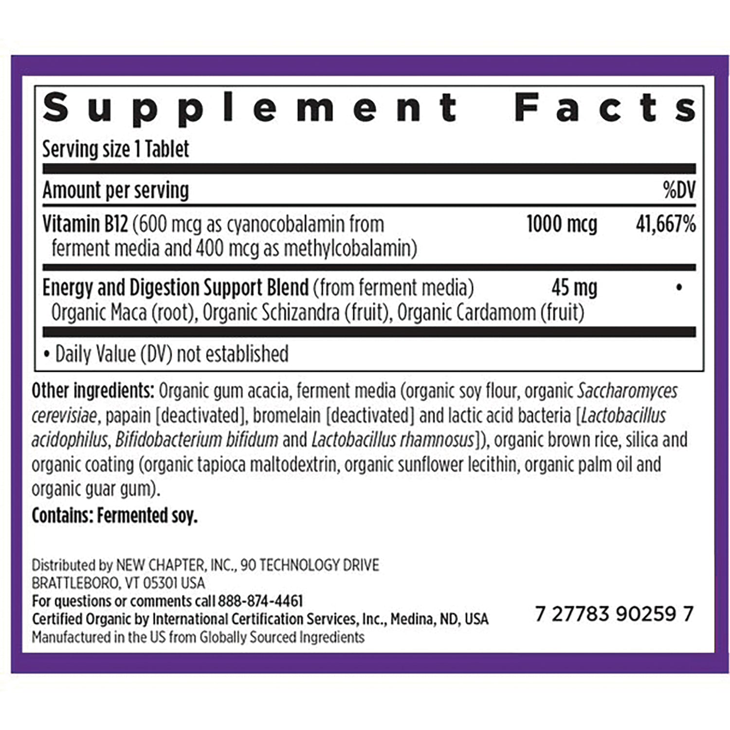 NWC346 | back label showing Supplement Facts panel with Vitamin B12 1000 mcg, energy and digestion blend, and ingredient list