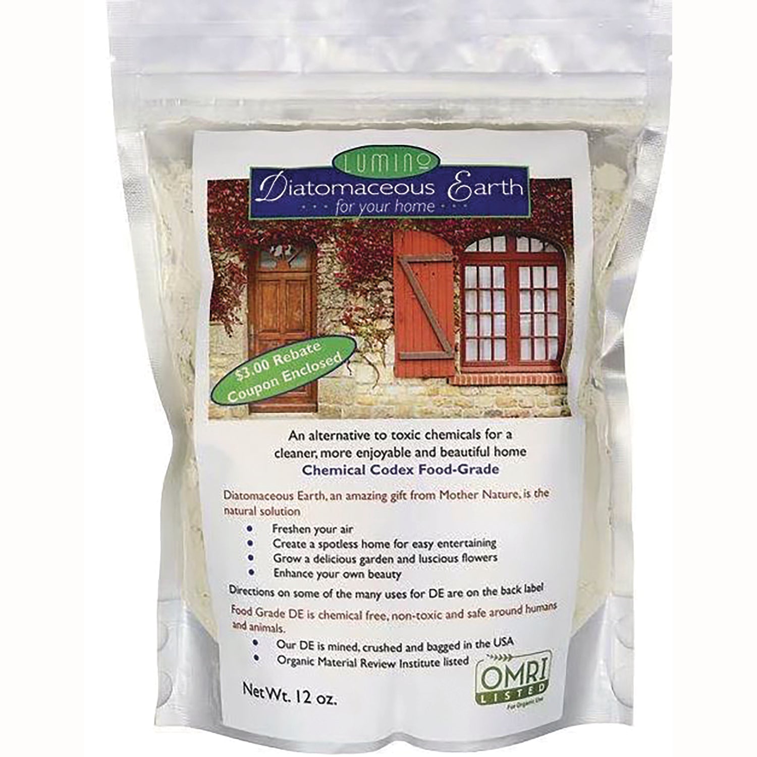 LUM001 | Front pouch of Diatomaceous Earth powder labeled Diatomaceous Earth for your home, net wt 12 oz