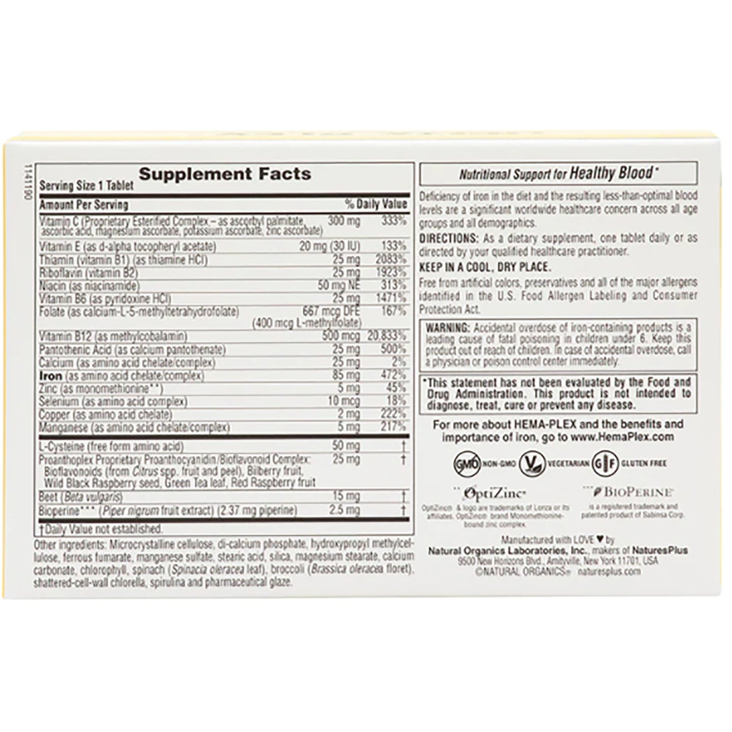 NTP070 | Supplement Facts panel and product information on back of white supplement box