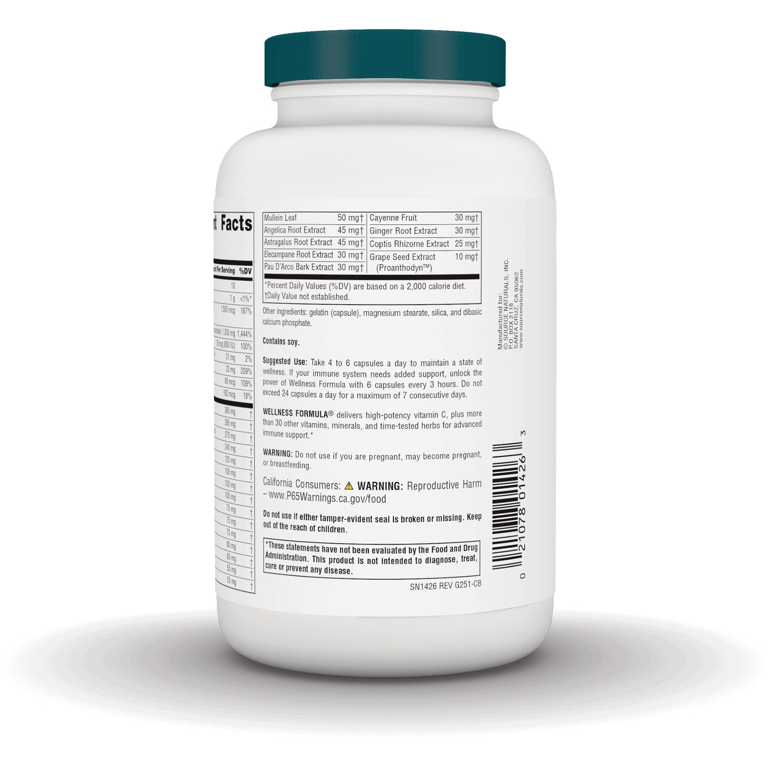 SN219 | Back label with Supplement Facts, ingredients, warnings, suggested use, and barcode