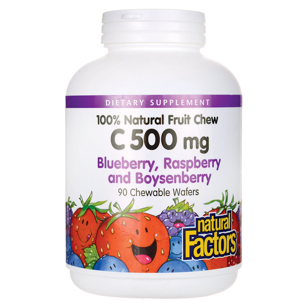 NFC005 | White bottle labeled Natural Factors C 500 mg Blueberry, Raspberry and Boysenberry 90 Chewable Wafers front view