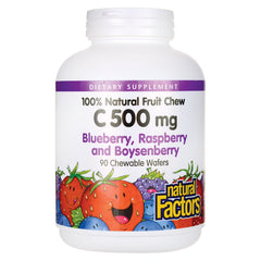 NFC005 | White bottle labeled Natural Factors C 500 mg Blueberry, Raspberry and Boysenberry 90 Chewable Wafers front view