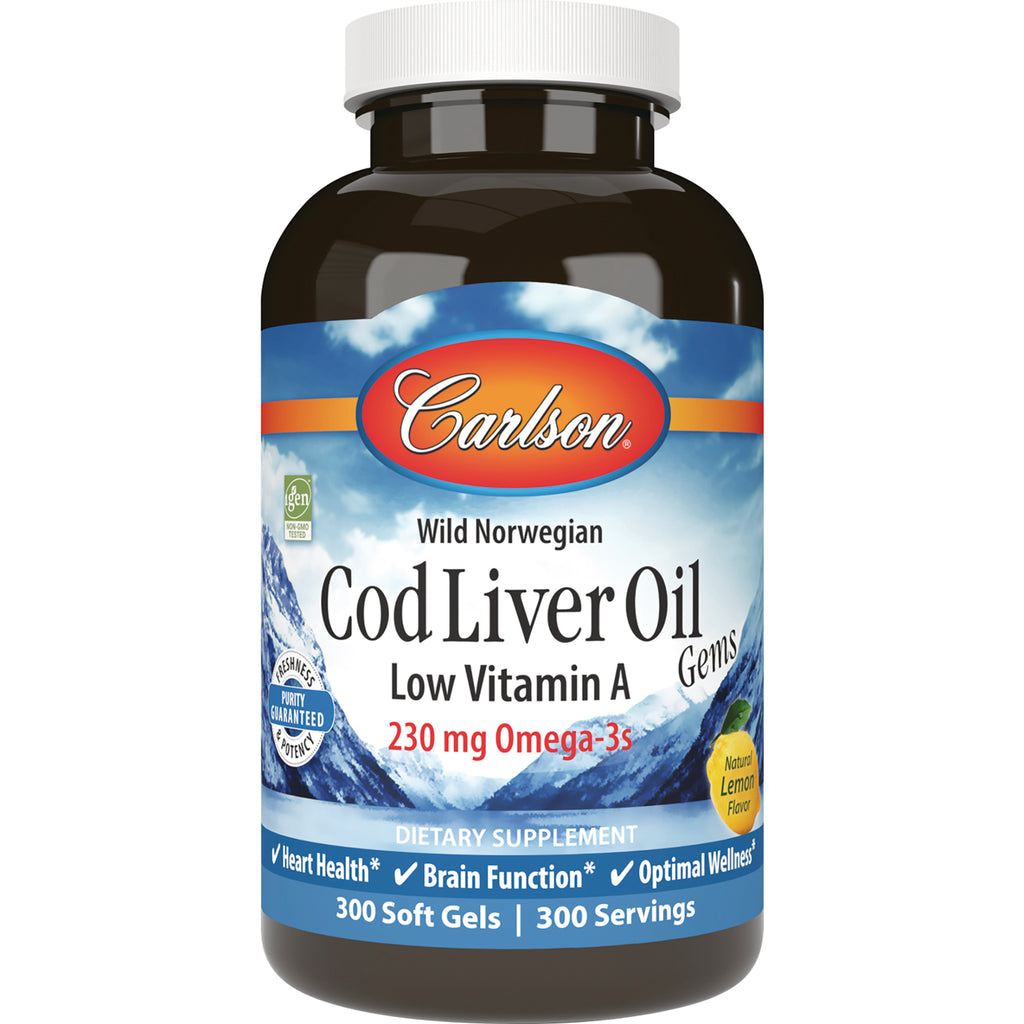 CSN298 | Carlson Wild Norwegian Cod Liver Oil low Vitamin A 230 mg Omega-3s 300 soft gels bottle natural lemon flavor - Thumbnail