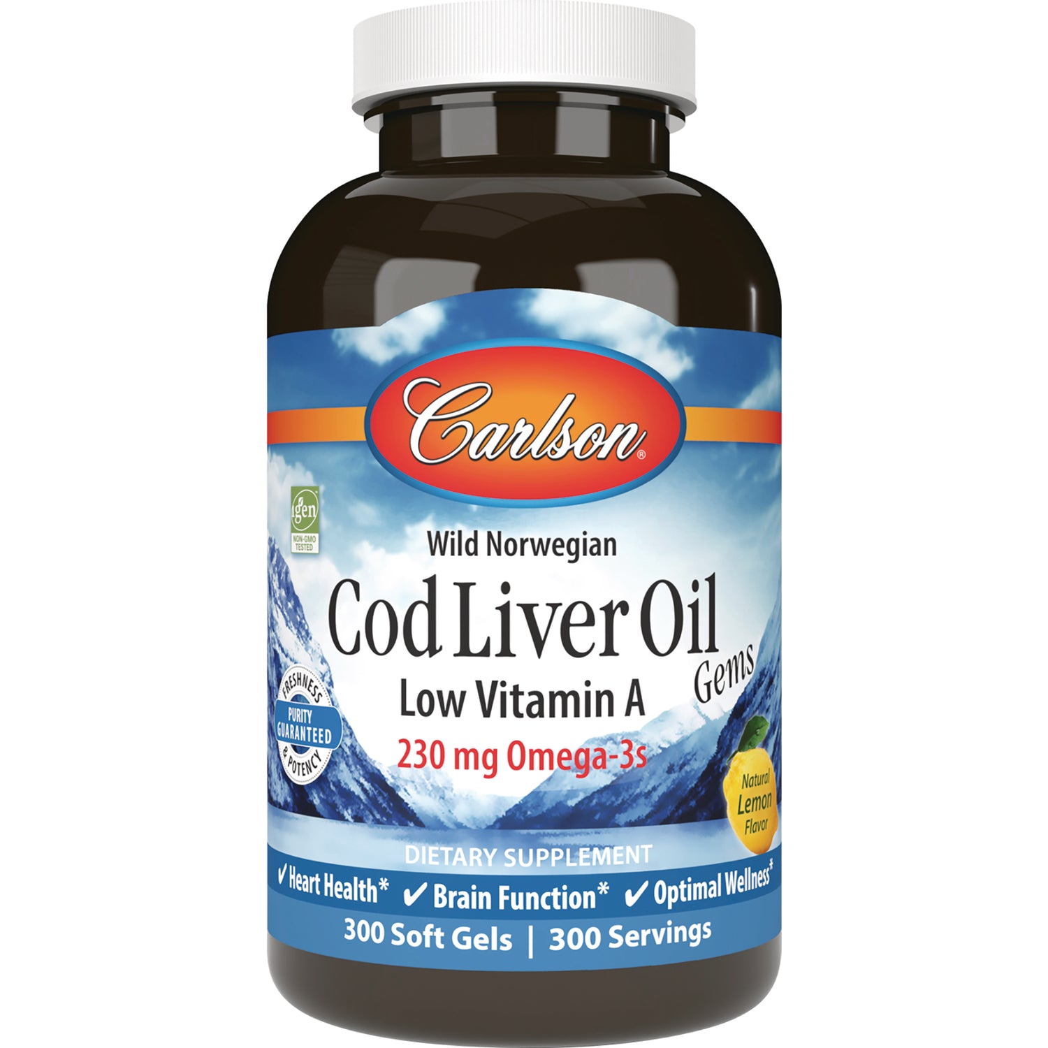 CSN298 | Carlson Wild Norwegian Cod Liver Oil low Vitamin A 230 mg Omega-3s 300 soft gels bottle natural lemon flavor