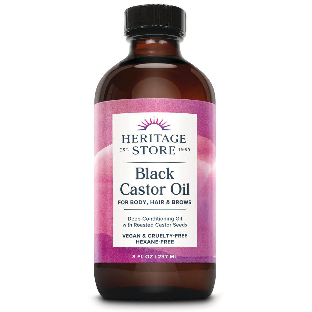 HTG104 | Heritage Store Black Castor Oil amber bottle with pink label, 8 fl oz - Thumbnail