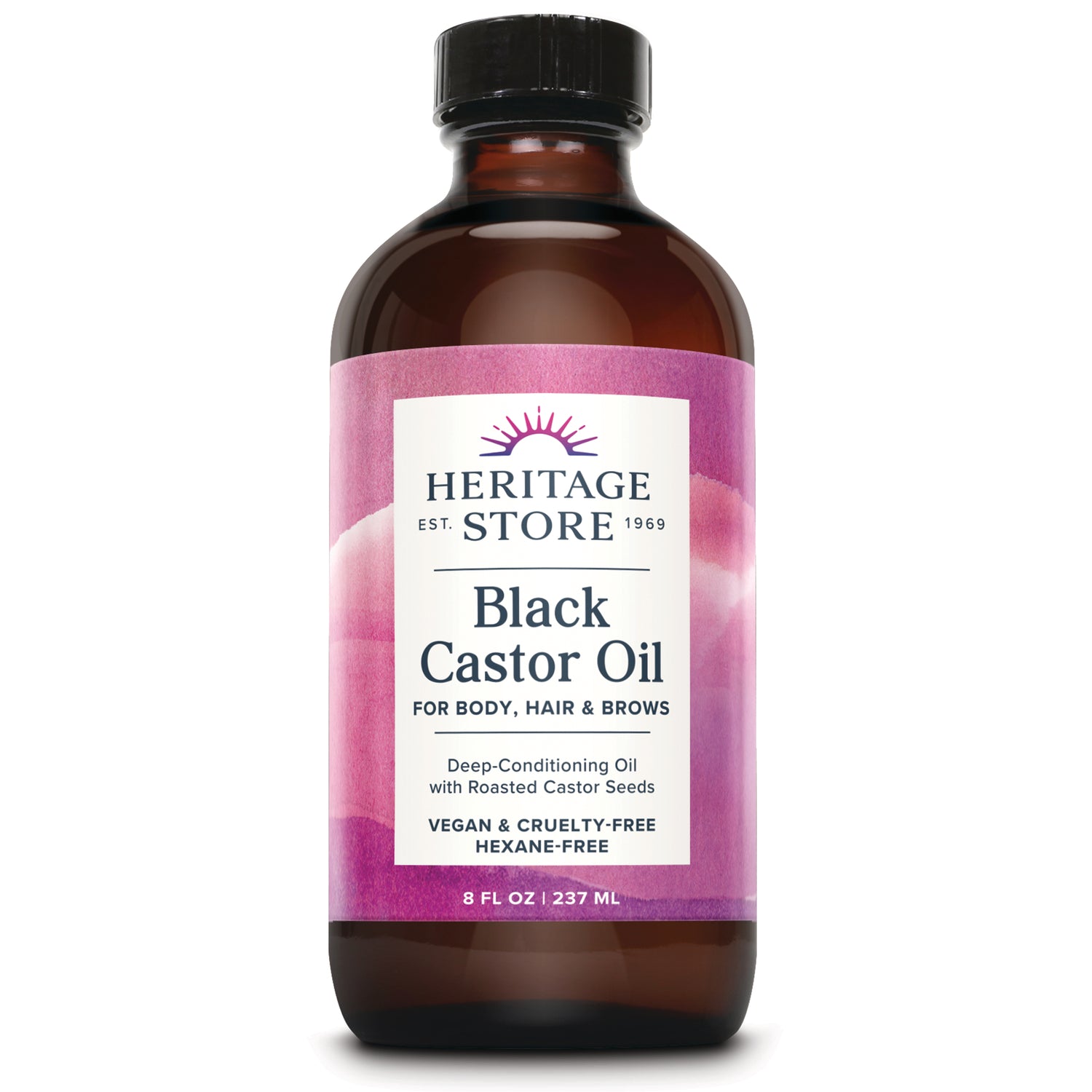 HTG104 | Heritage Store Black Castor Oil amber bottle with pink label, 8 fl oz