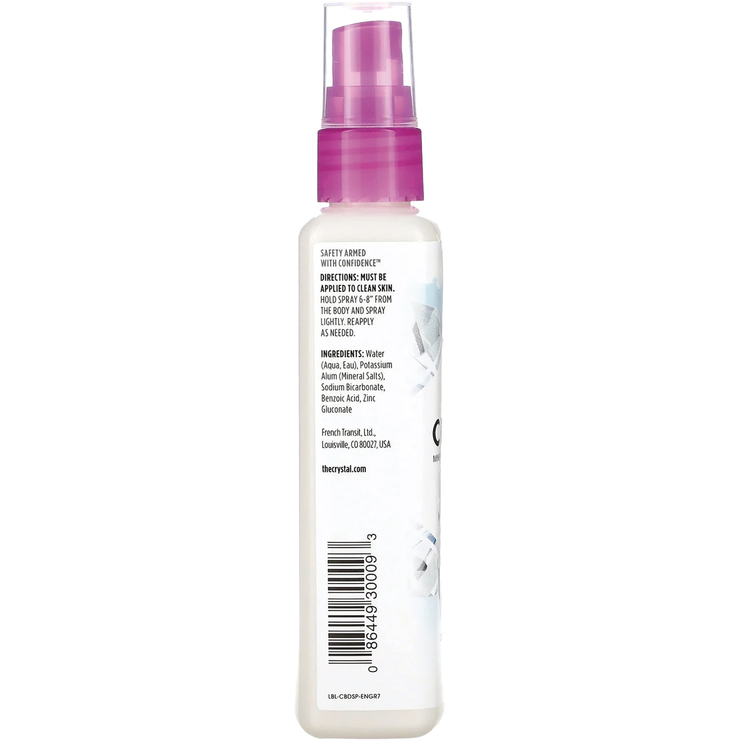 CRY007 | Back label showing directions, ingredients and barcode on white spray bottle with purple pump