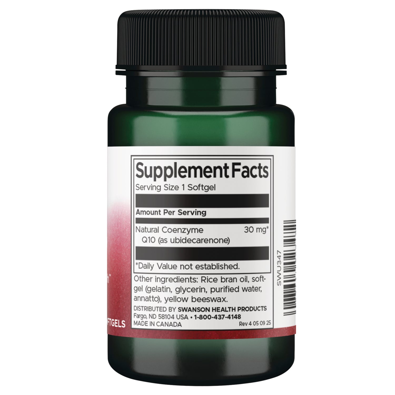 SWU347 | Back label with Supplement Facts for Coenzyme Q10 30 mg, serving size 1 softgel