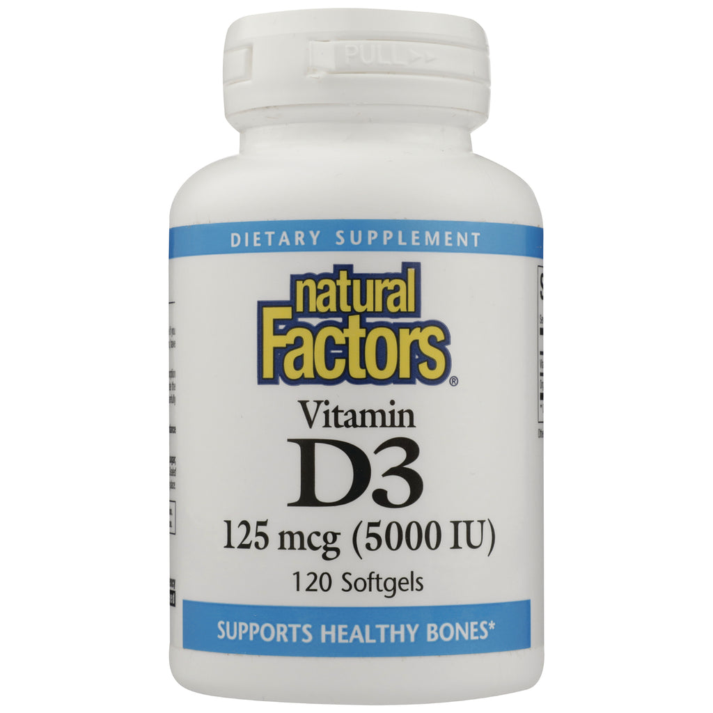 NFC095 | Natural Factors Vitamin D3 125 mcg (5000 IU) 120 softgels front label showing supports healthy bones - Thumbnail