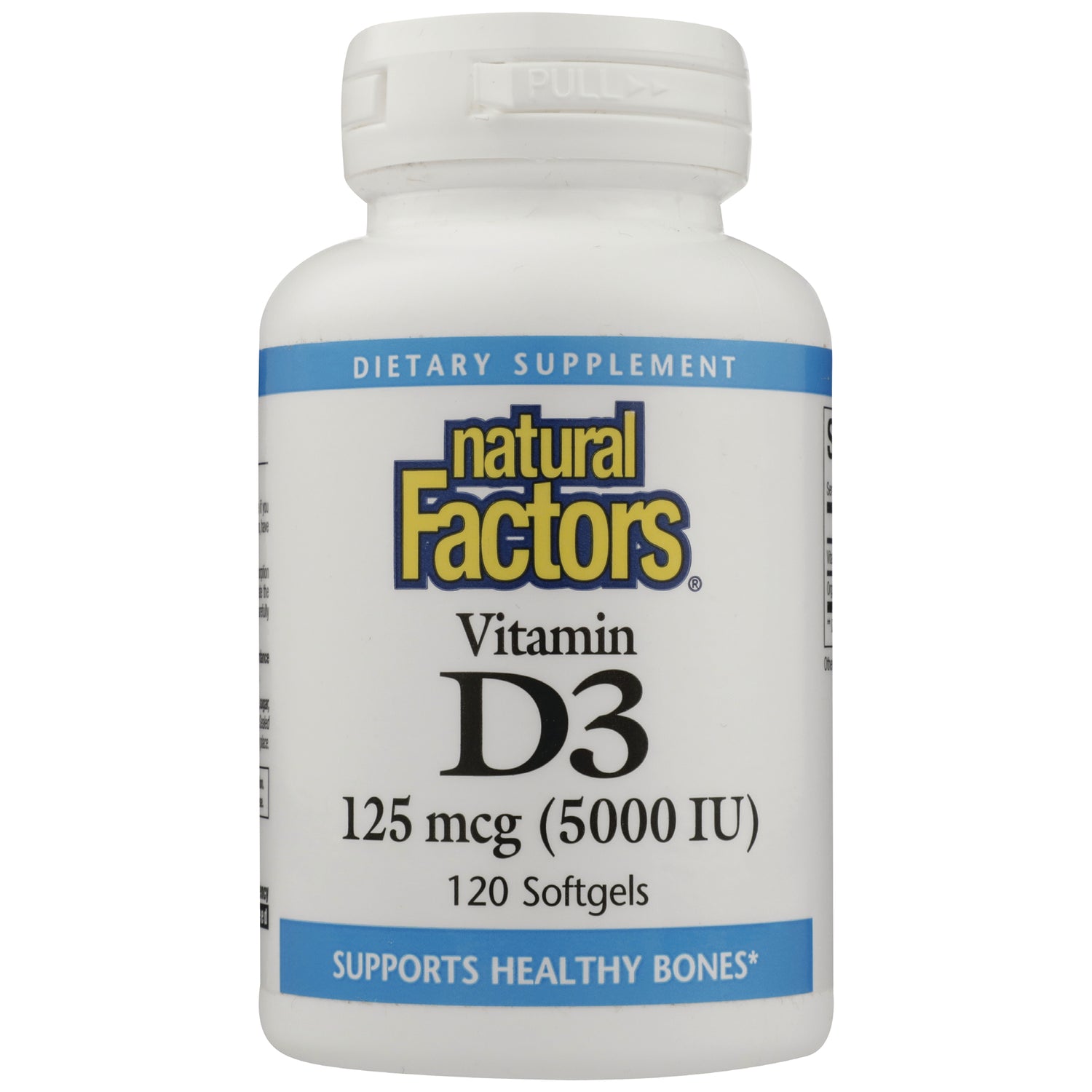 NFC095 | Natural Factors Vitamin D3 125 mcg (5000 IU) 120 softgels front label showing supports healthy bones