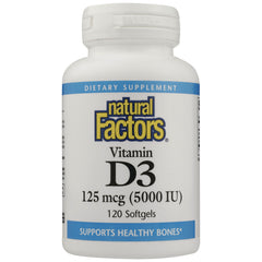 NFC095 | Natural Factors Vitamin D3 125 mcg (5000 IU) 120 softgels front label showing supports healthy bones