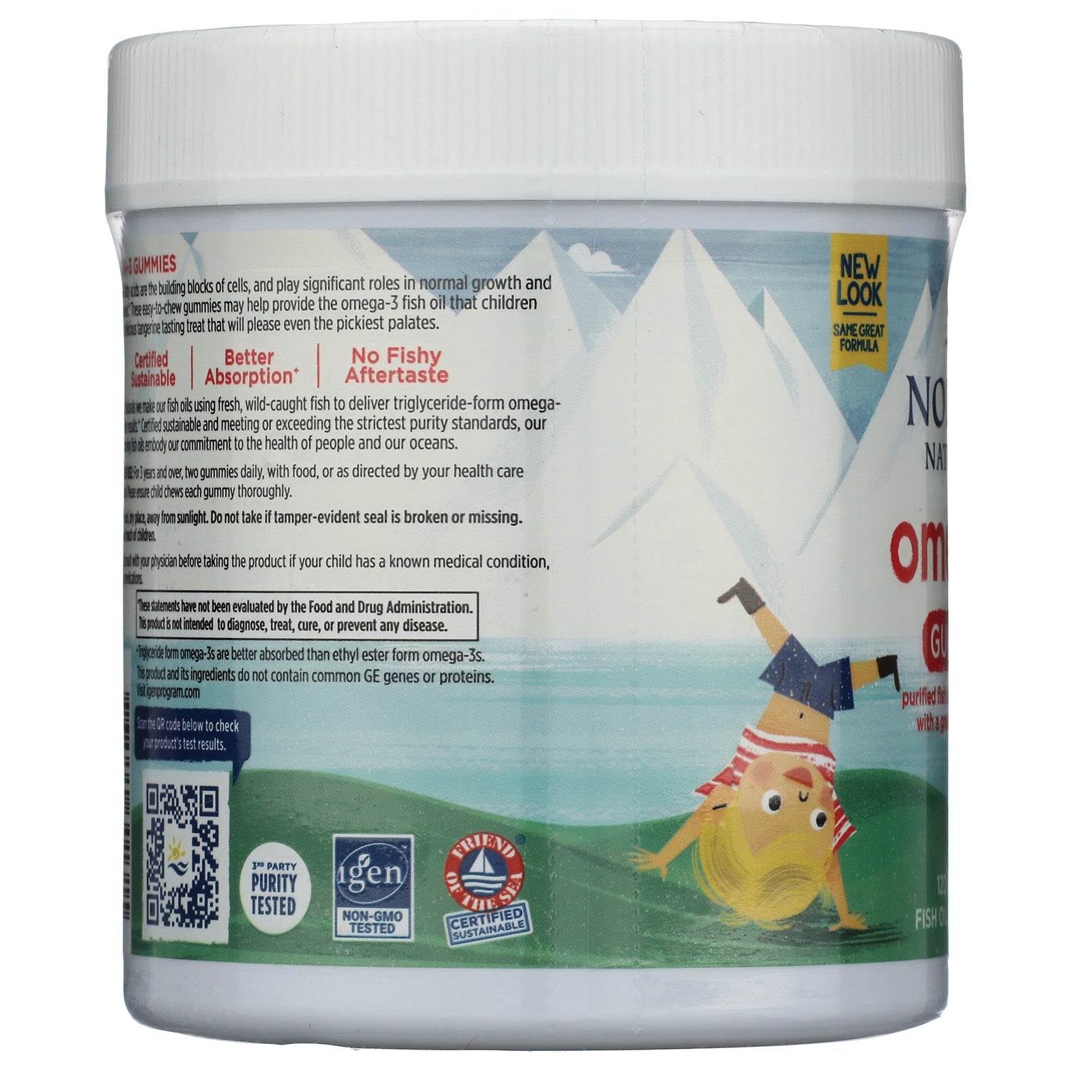 NRN059 | side of supplement jar with product infographic, cartoon child doing handstand, certification logos and small text