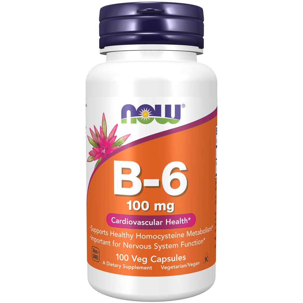 NWF796 | NOW B-6 100 mg supplement bottle, front label showing brand and 100 capsules - Thumbnail