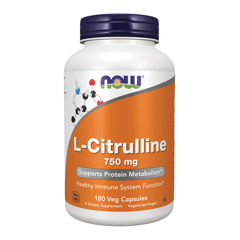 NWF830 | NOW L-Citrulline 750 mg supplement bottle with orange label and 180 veg capsules - Thumbnail