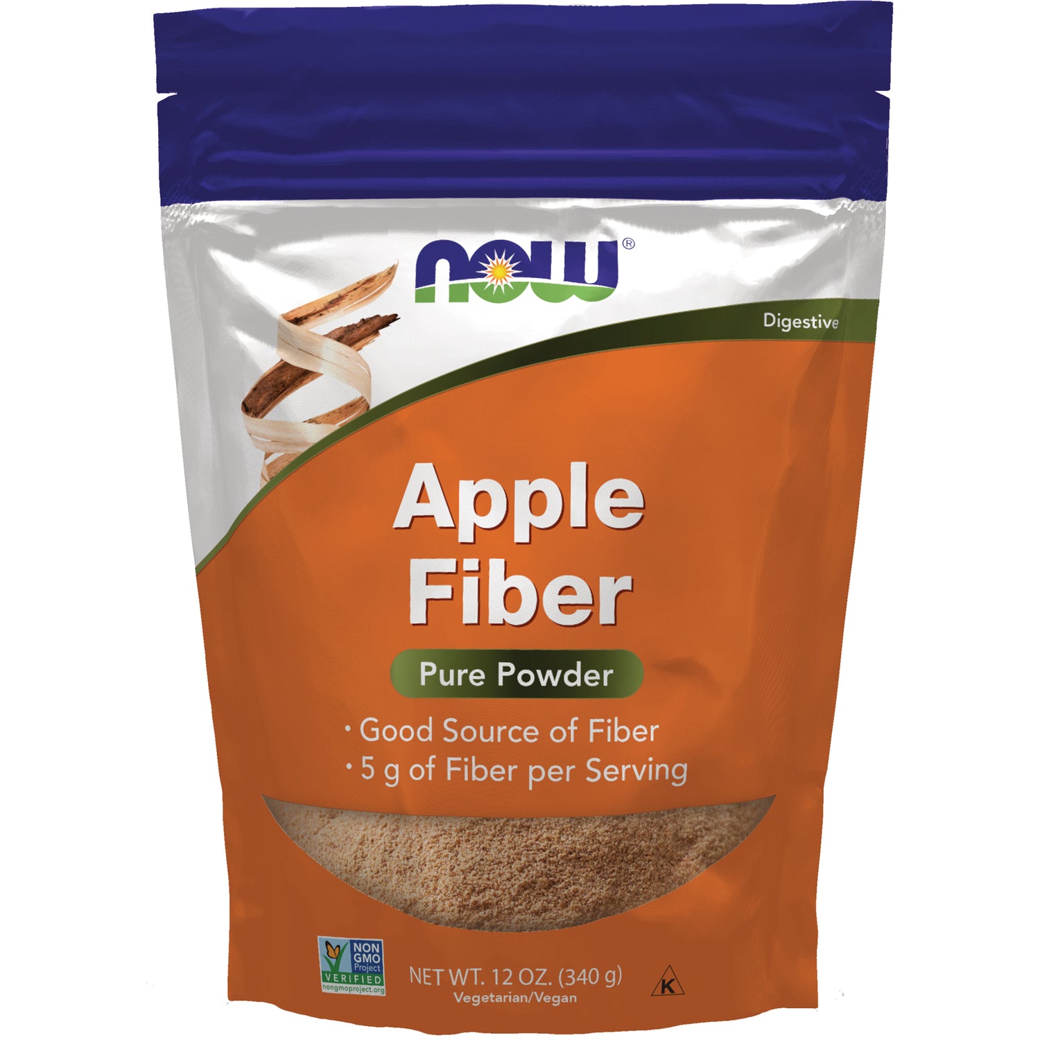 NWF1294 | NOW Apple Fiber pure powder pouch labeled Apple Fiber Pure Powder, 12 oz, good source of fiber