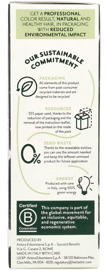 HBT005 | back panel of product box titled OUR SUSTAINABLE COMMITMENT listing packaging, resources, zero waste, energy and Certified B mark