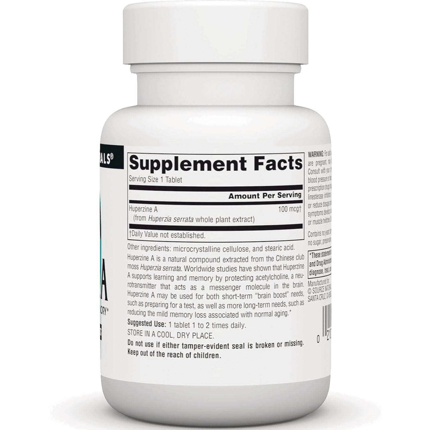 SN718 | Back label with Supplement Facts panel and ingredients for Huperzine A 100 mcg tablets