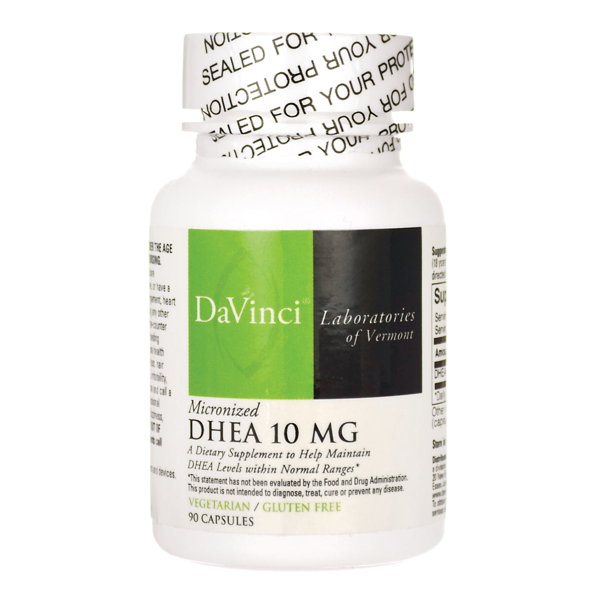 DVL019 | White supplement bottle labeled DaVinci Laboratories of Vermont DHEA 10 MG 90 capsules front view