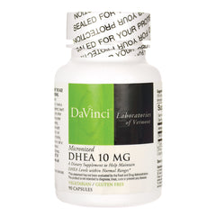 DVL019 | White supplement bottle labeled DaVinci Laboratories of Vermont DHEA 10 MG 90 capsules front view