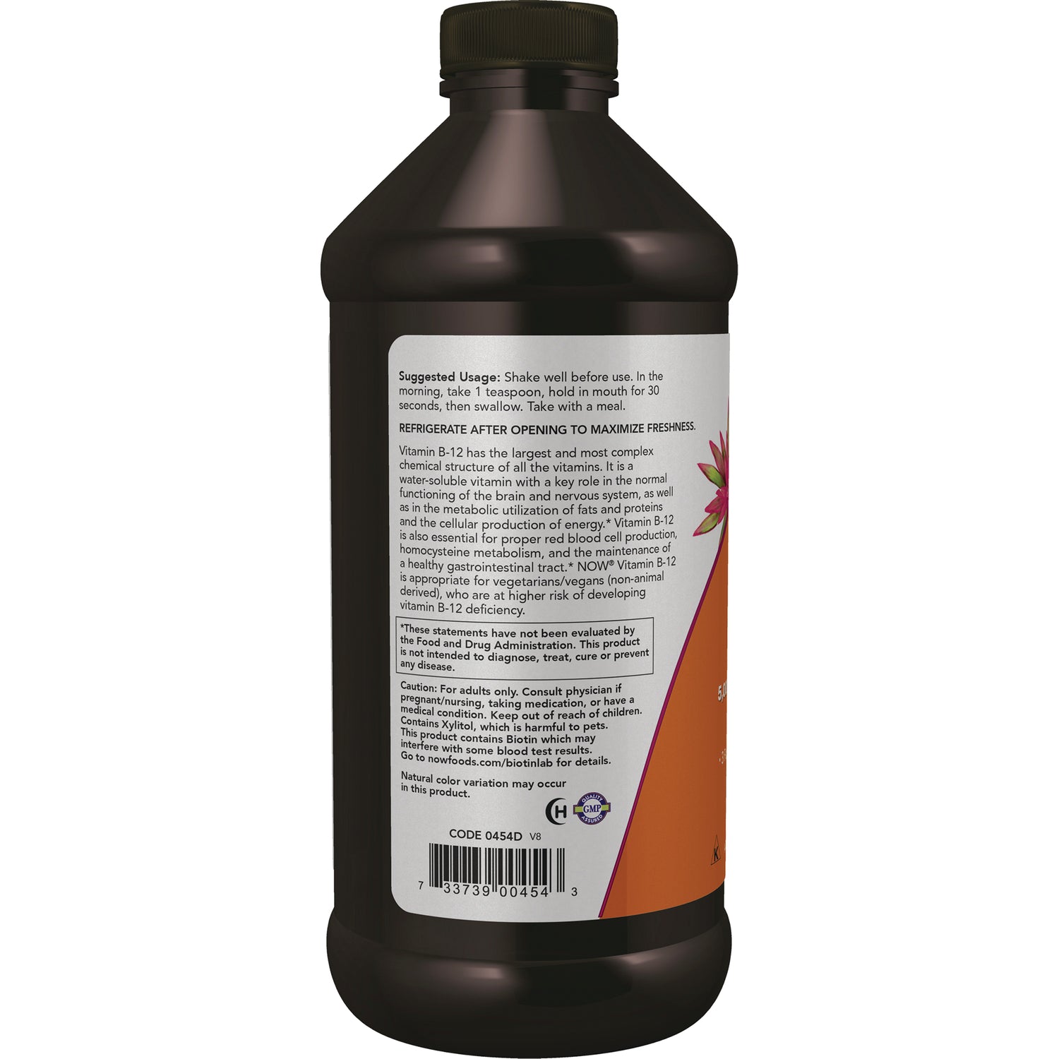 NWF784 | back label of brown supplement bottle showing usage instructions, caution text and barcode