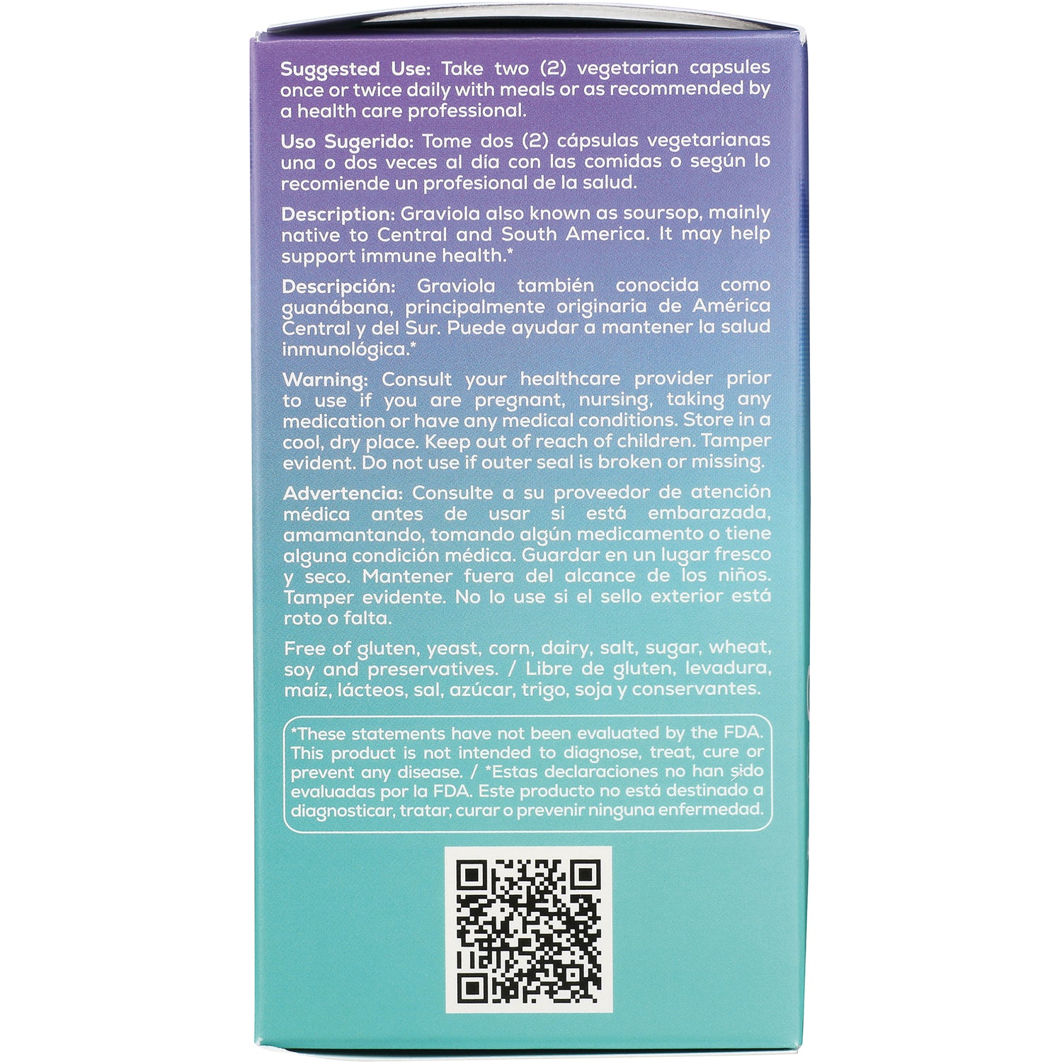 BNN033 | Back of teal and purple supplement box showing suggested use, warnings, bilingual text and QR code