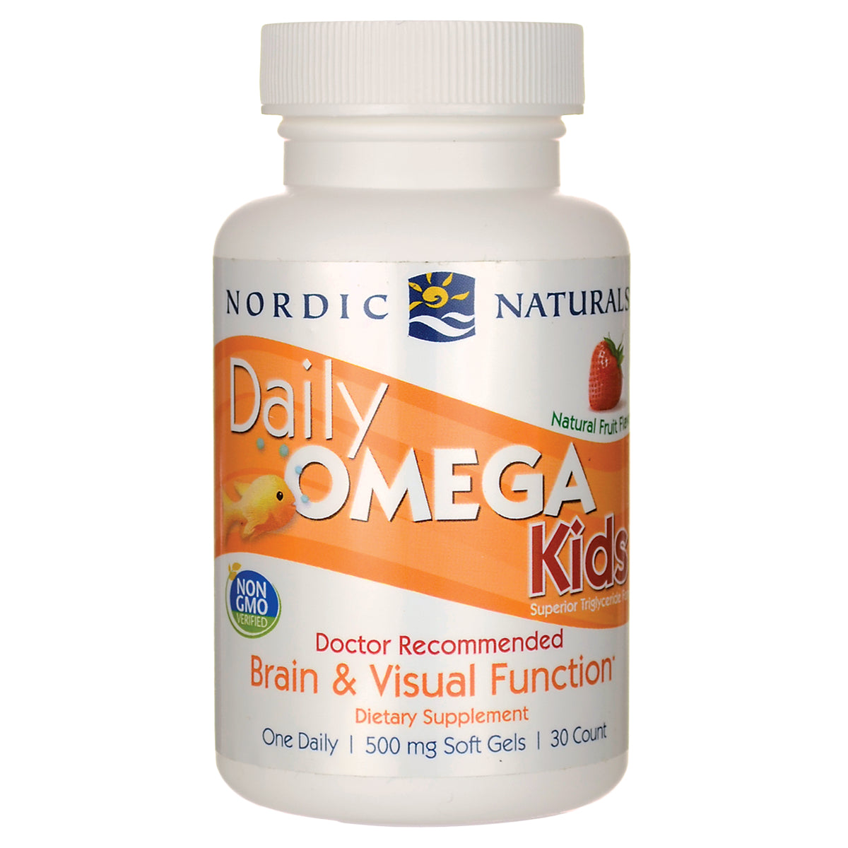 NRN055 | Nordic Naturals Daily OMEGA Kids bottle, orange label showing Brain & Visual Function, 30 count