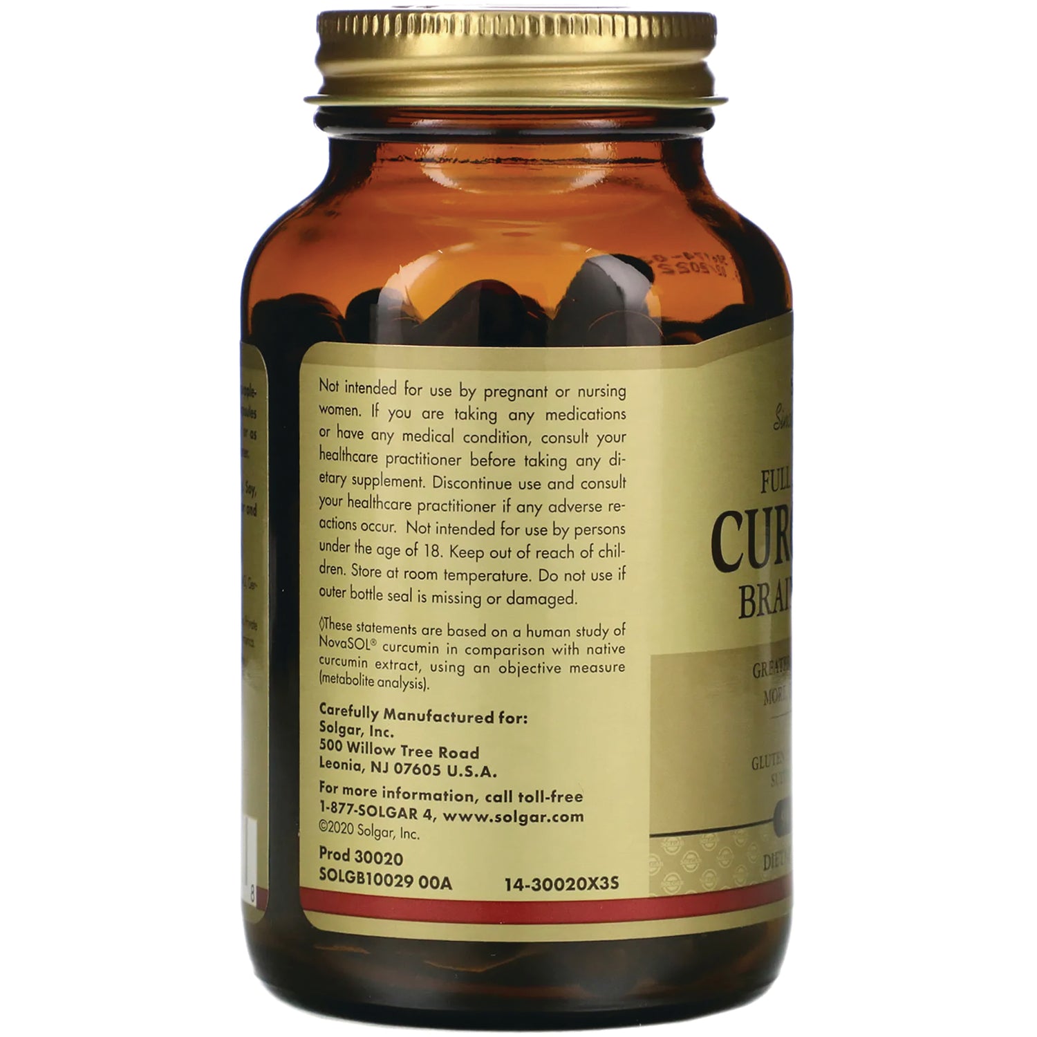 SLG373 | amber supplement bottle back label with warnings, manufacturer address and product codes