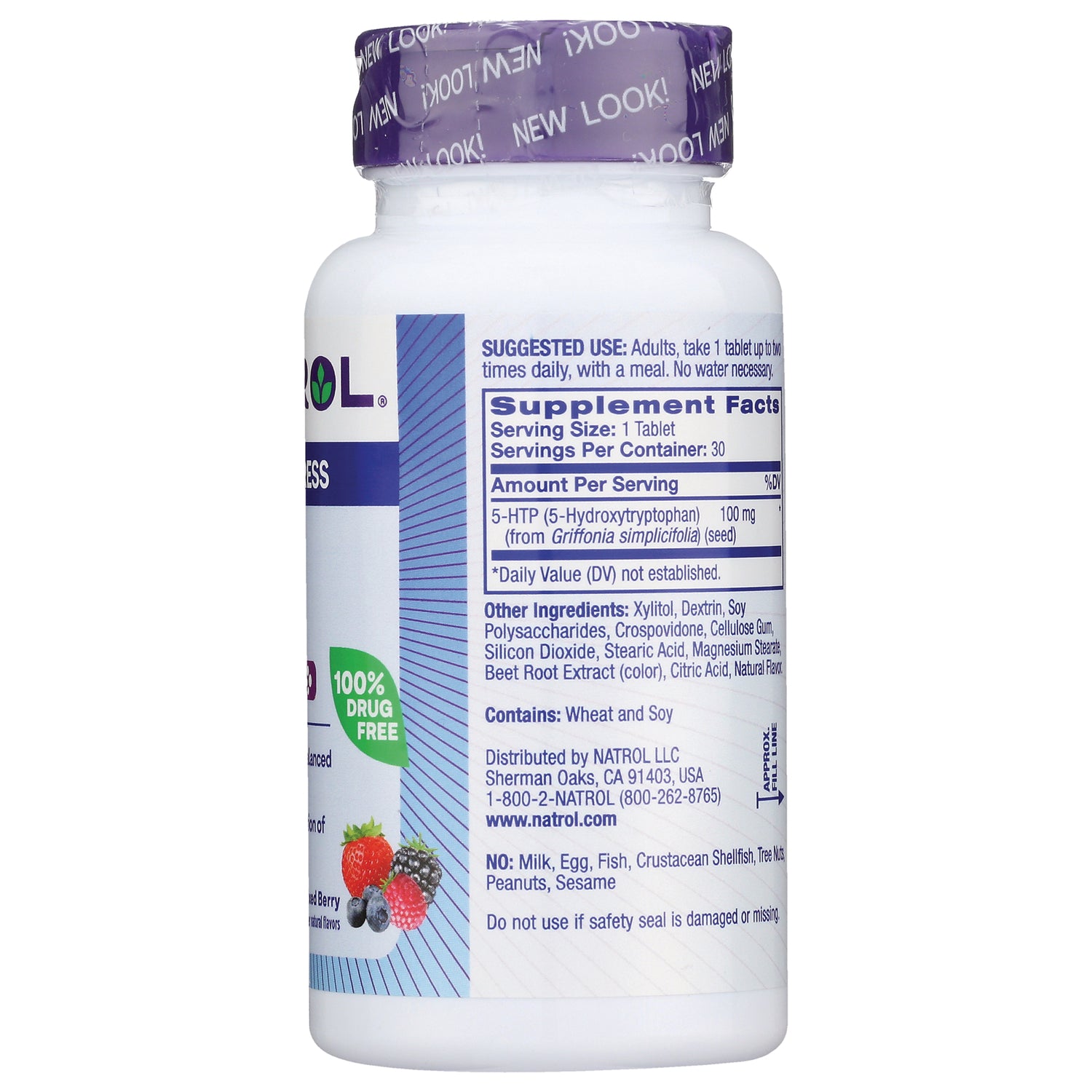 NA510 | Back label of white supplement bottle showing Supplement Facts, ingredients and contains wheat and soy