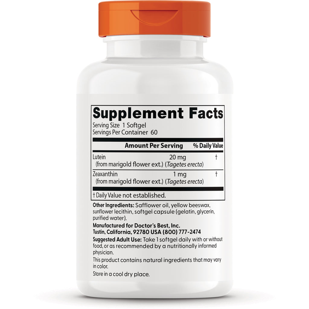 DB154 | Supplement Facts panel on back of white bottle listing Lutein 20 mg and Zeaxanthin 1 mg, other ingredients and directions - Thumbnail