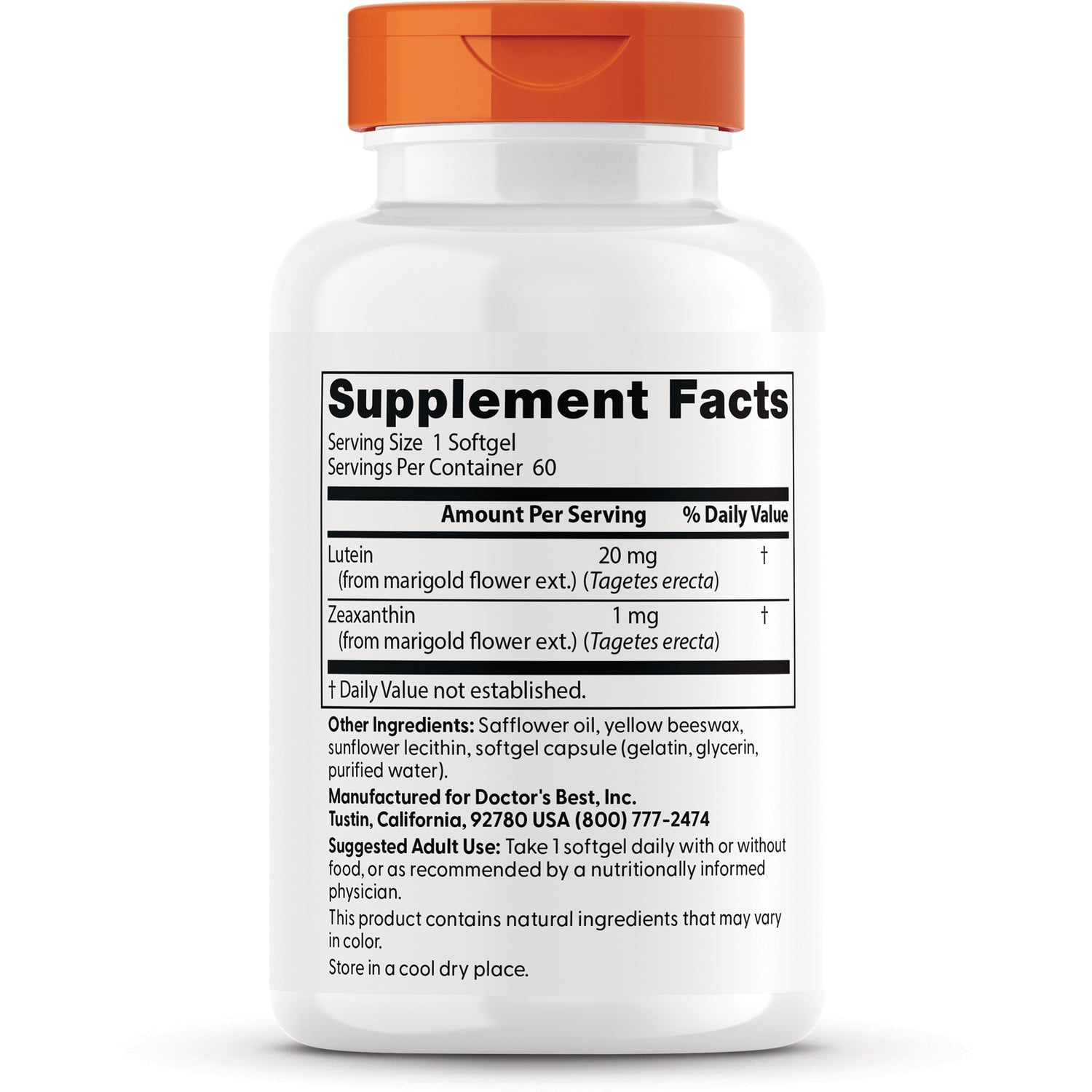 DB154 | Supplement Facts panel on back of white bottle listing Lutein 20 mg and Zeaxanthin 1 mg, other ingredients and directions