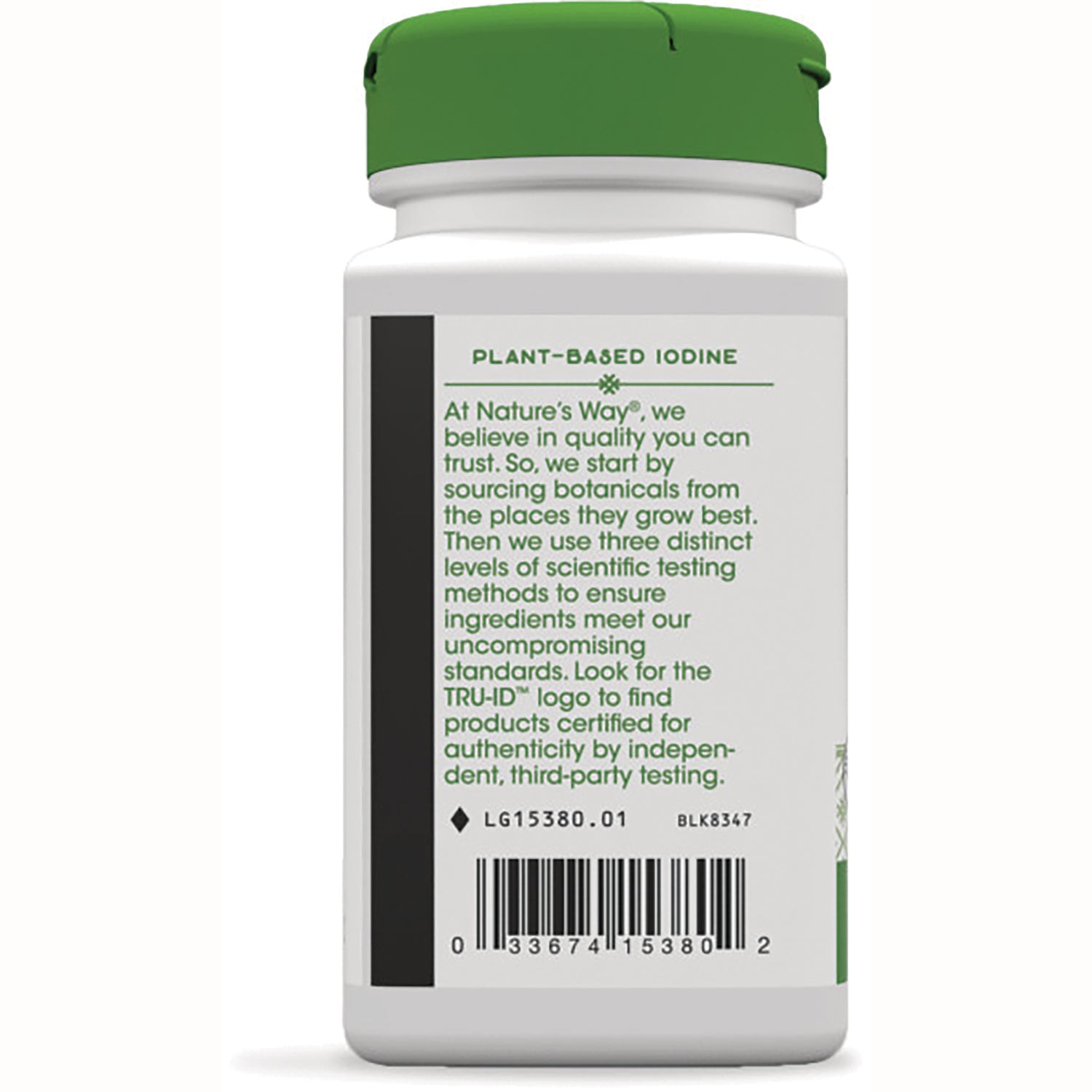 NW716 | Back label of white supplement bottle showing plant-based iodine heading, ingredient text and barcode