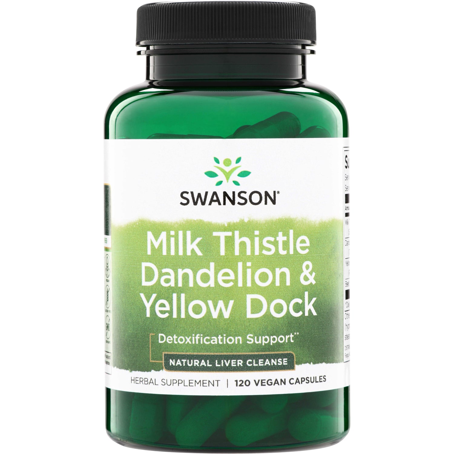 SW1707 | Swanson Milk Thistle, Dandelion & Yellow Dock supplement bottle, Detoxification Support, 120 vegan capsules