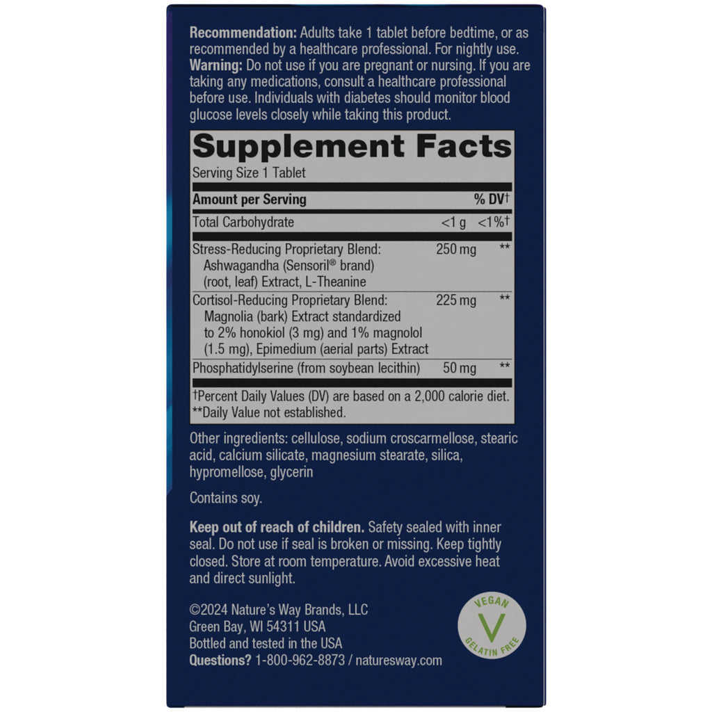 Supplement Facts and warnings panel showing Serving Size 1 Tablet, stress- and cortisol-reducing blends, other ingredients, and vegan badge - Thumbnail
