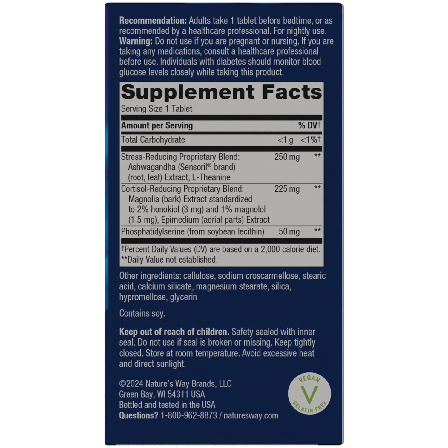 Supplement Facts and warnings panel showing Serving Size 1 Tablet, stress- and cortisol-reducing blends, other ingredients, and vegan badge