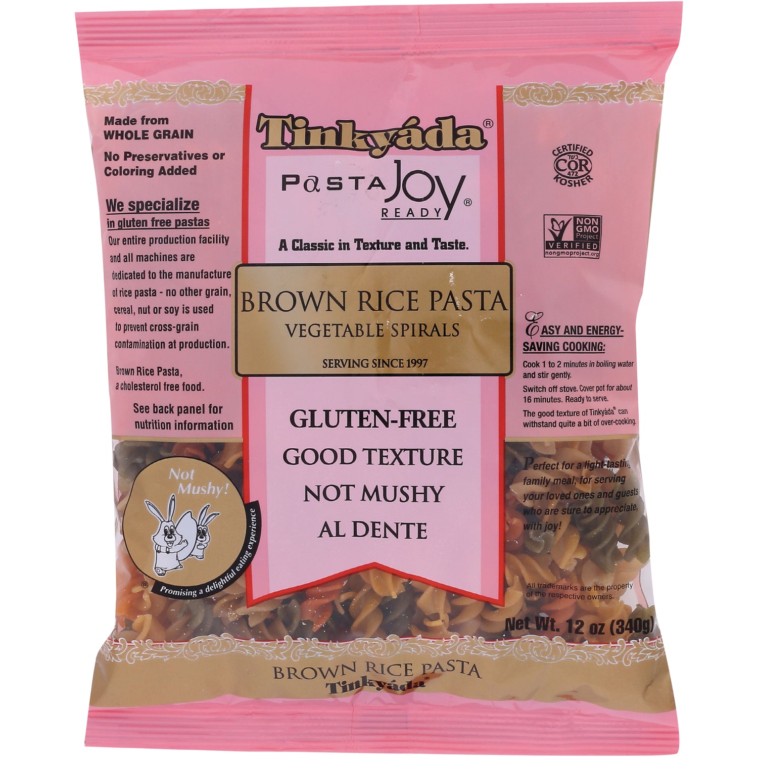 TKY012 | Tinkyada Brown Rice Pasta Vegetable Spirals bag, Gluten-Free, Good Texture, Not Mushy, 12 oz