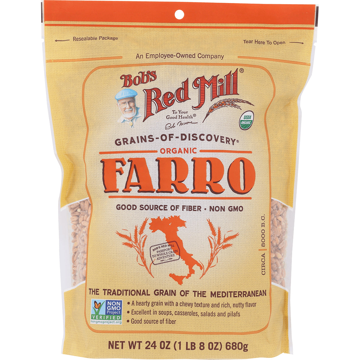 BOB415 | Bob's Red Mill organic farro front packaging with brand logo and 24 oz weight