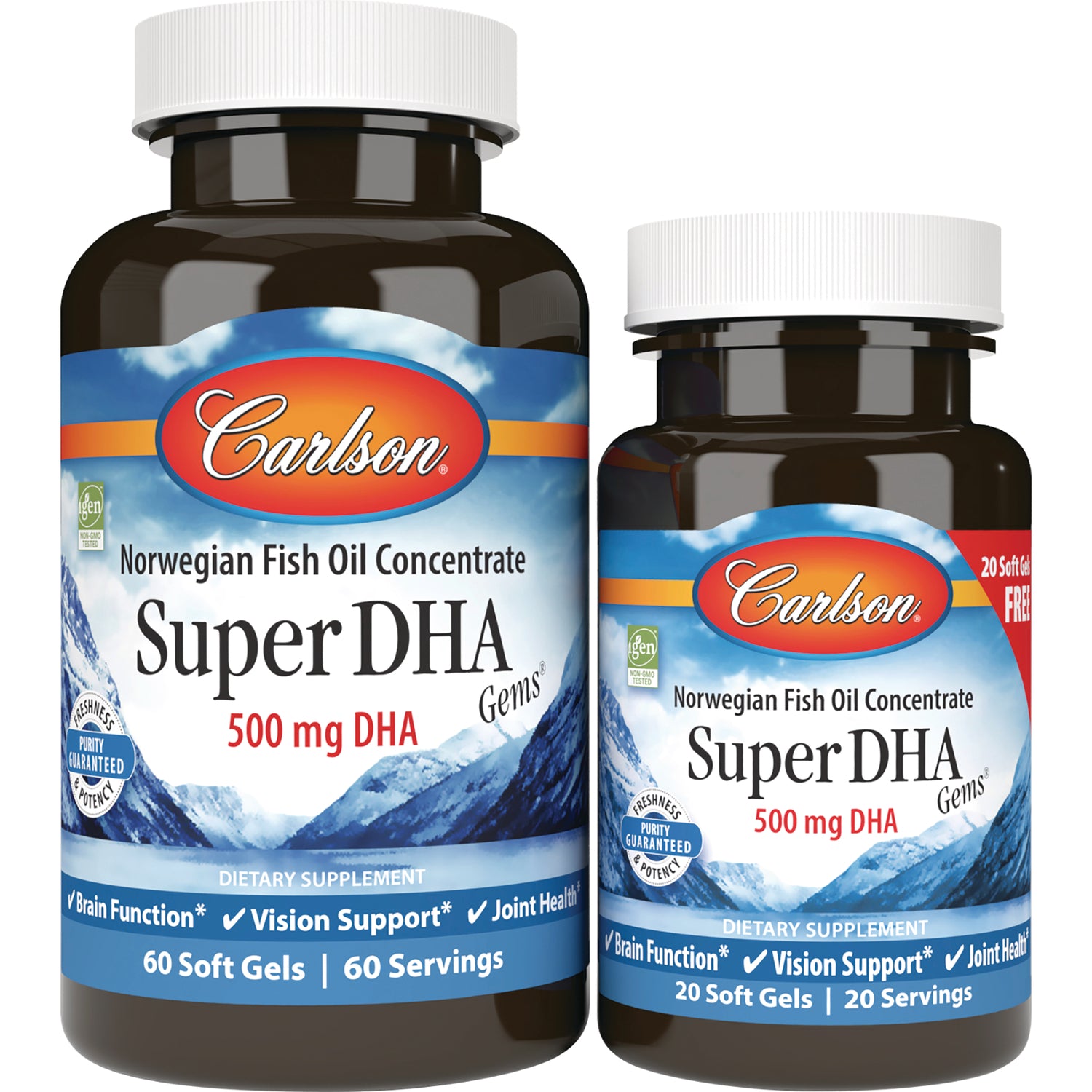 CSN215 | Two Carlson Super DHA 500 mg DHA supplement bottles with front labels visible