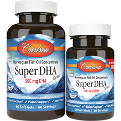 CSN215 | Two Carlson Super DHA 500 mg DHA supplement bottles with front labels visible