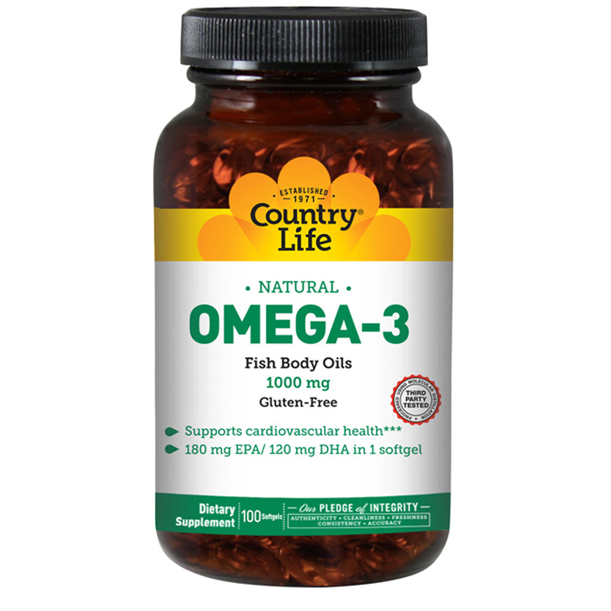 CRL107 | Country Life Natural OMEGA-3 1000 mg bottle of fish body oil softgels