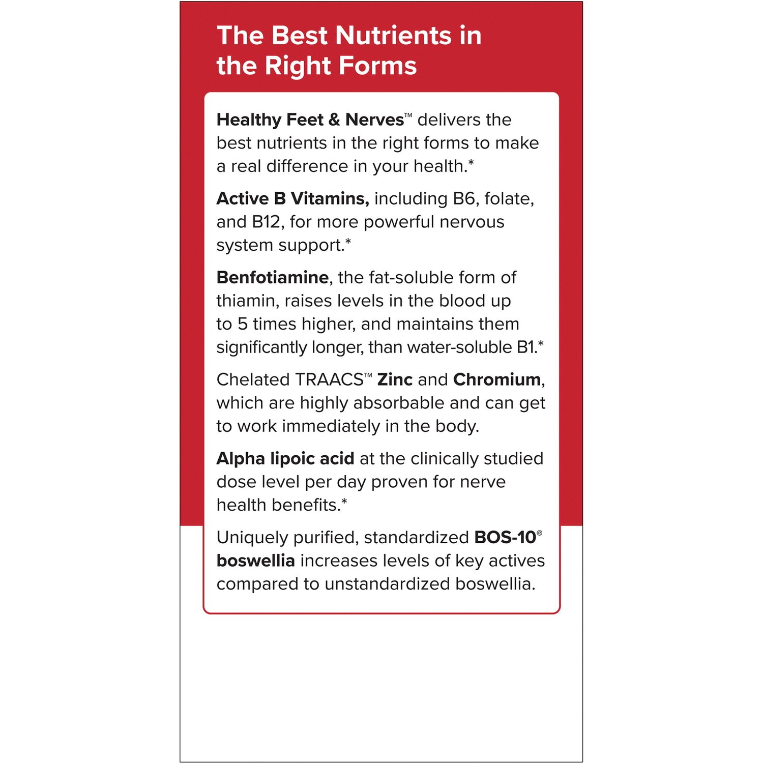 Back panel listing nutrients and benefits including Healthy Feet & Nerves, Active B Vitamins, benfotiamine, zinc, chromium, alpha lipoic acid, BOS-10 boswellia